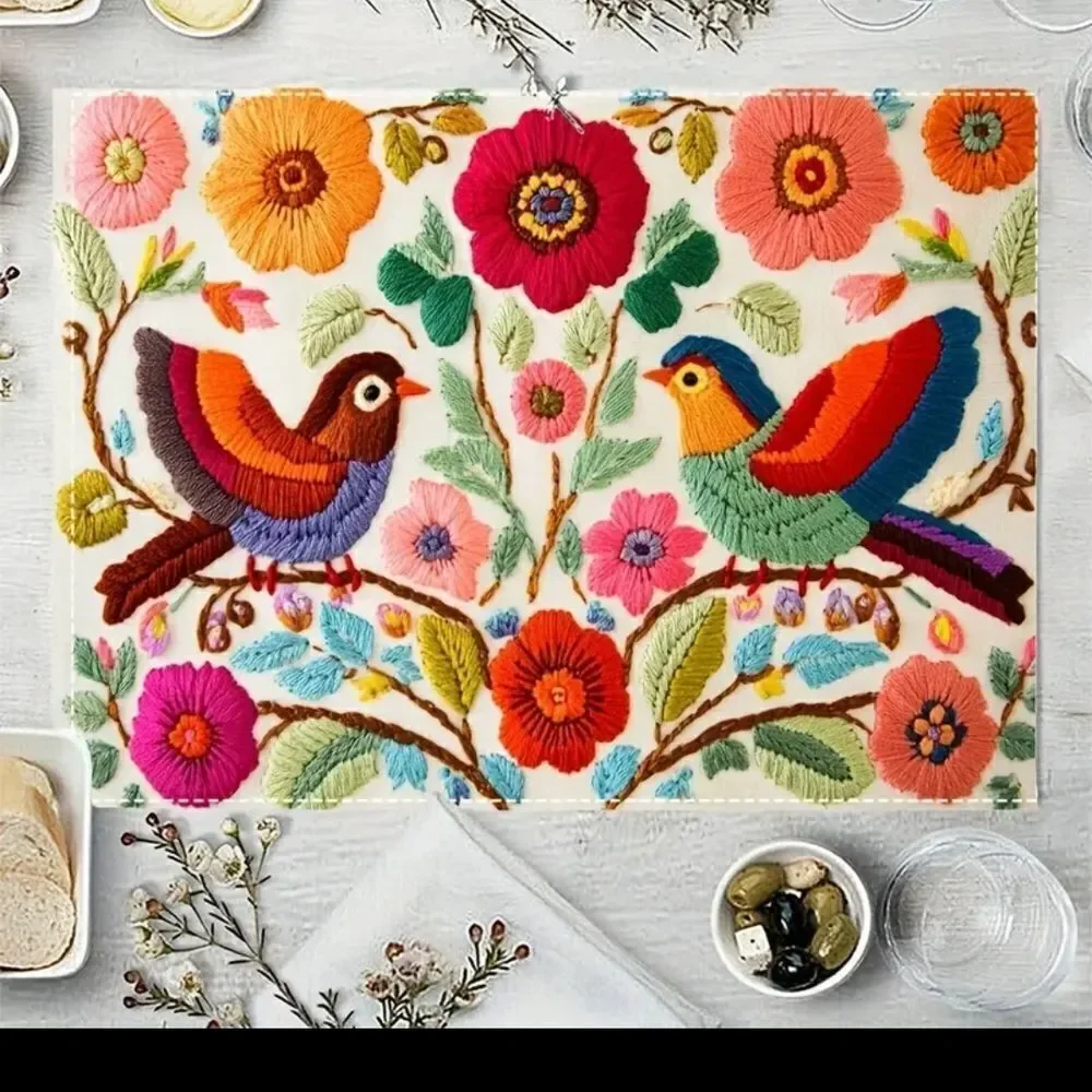 Floral Bird Pattern Linen Placemats 4pcs.